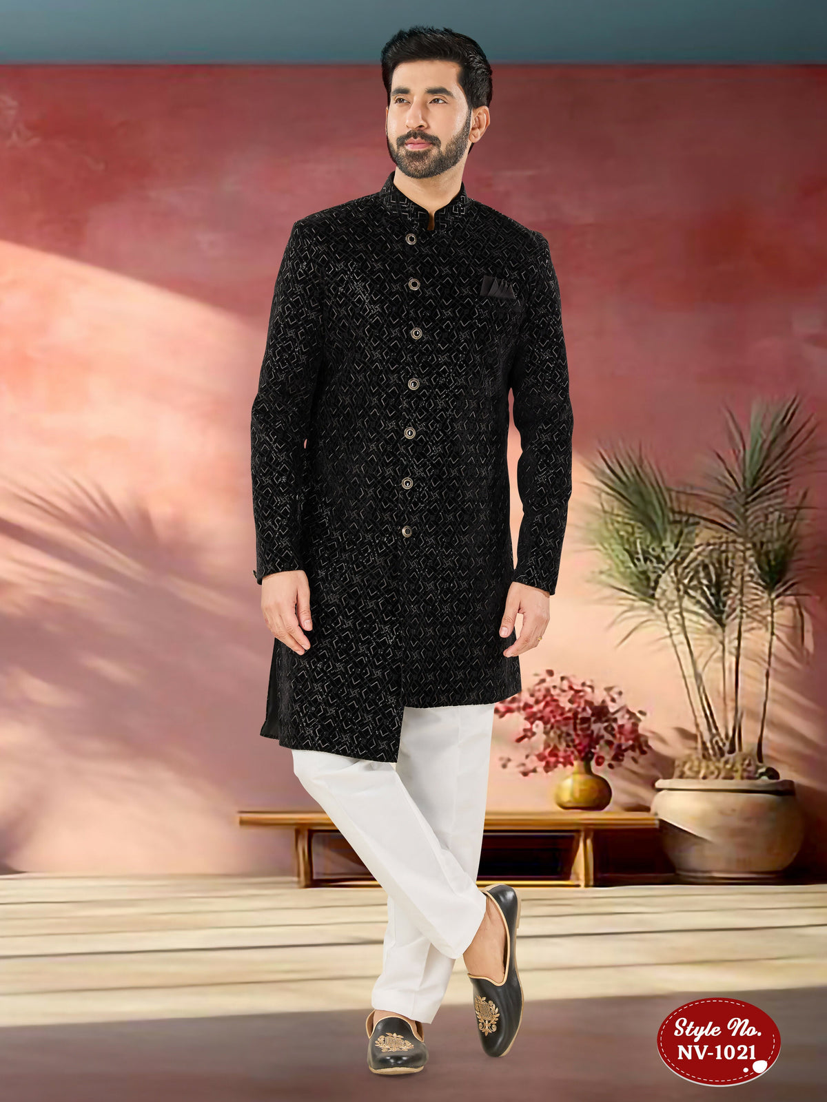 Men's black velvet Indo-Western kurta set with detailed thread and sequence embroidery