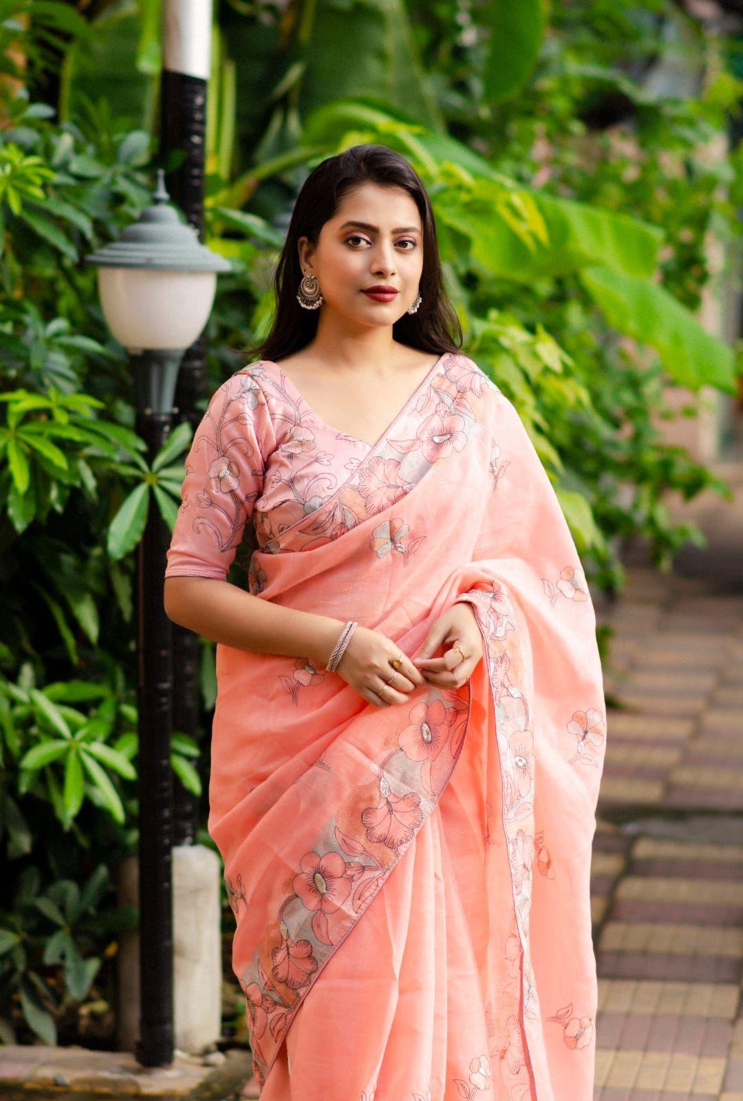 Pink Pure Linen Saree with Ethnic Pencil Stitch Embroidery
