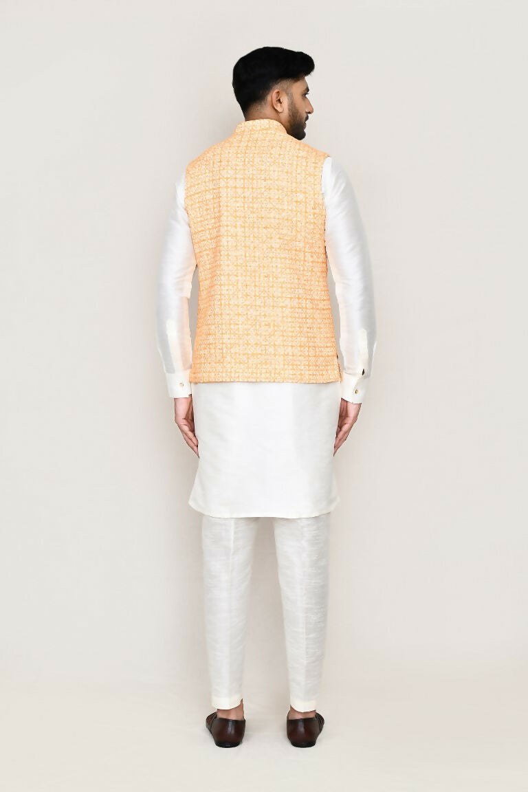 White Art Silk Kurta Set with Designer Jacket and Straight Pants