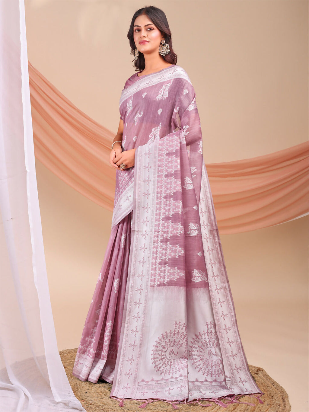 Varnika Purple Linen Cotton Saree with Matching Blouse Piece