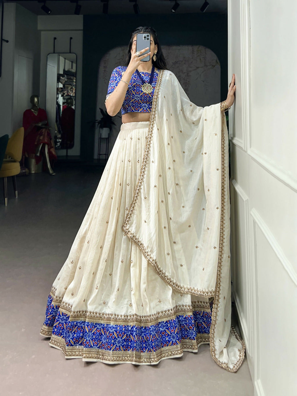 White Vichitra Silk Lehenga Choli with Sequins and Embroidery