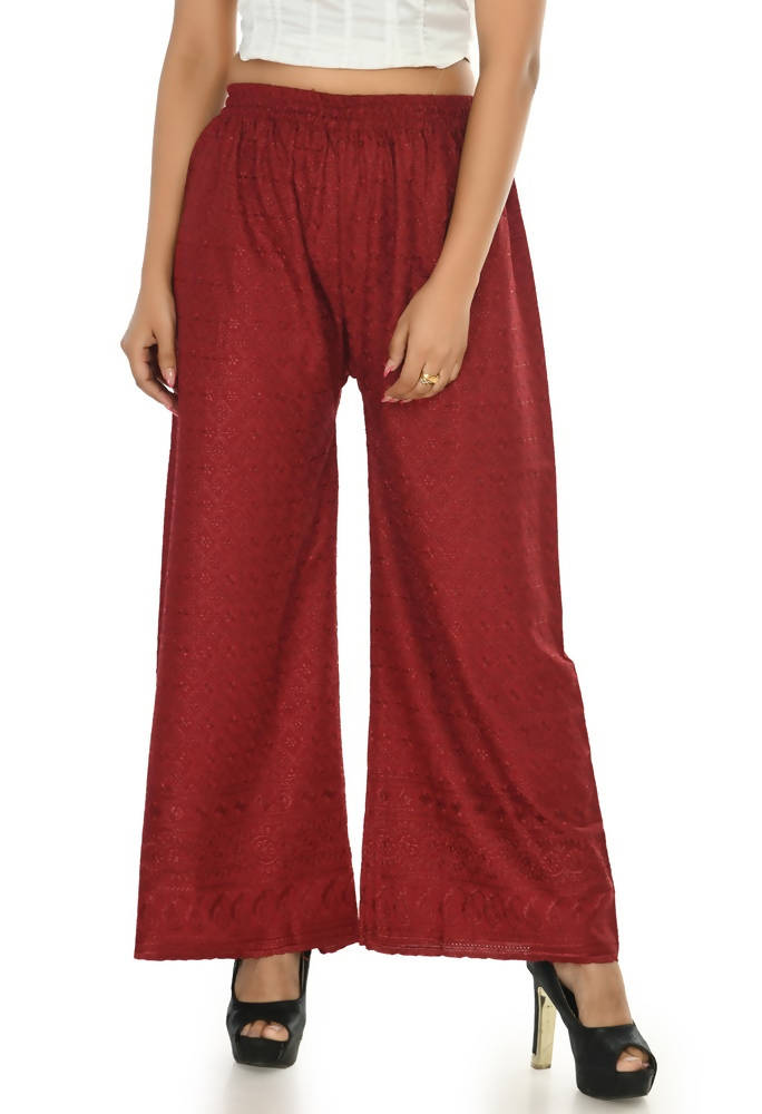Maroon Rayon Cotton Palazzo Pants with Elegant Chikankari Work