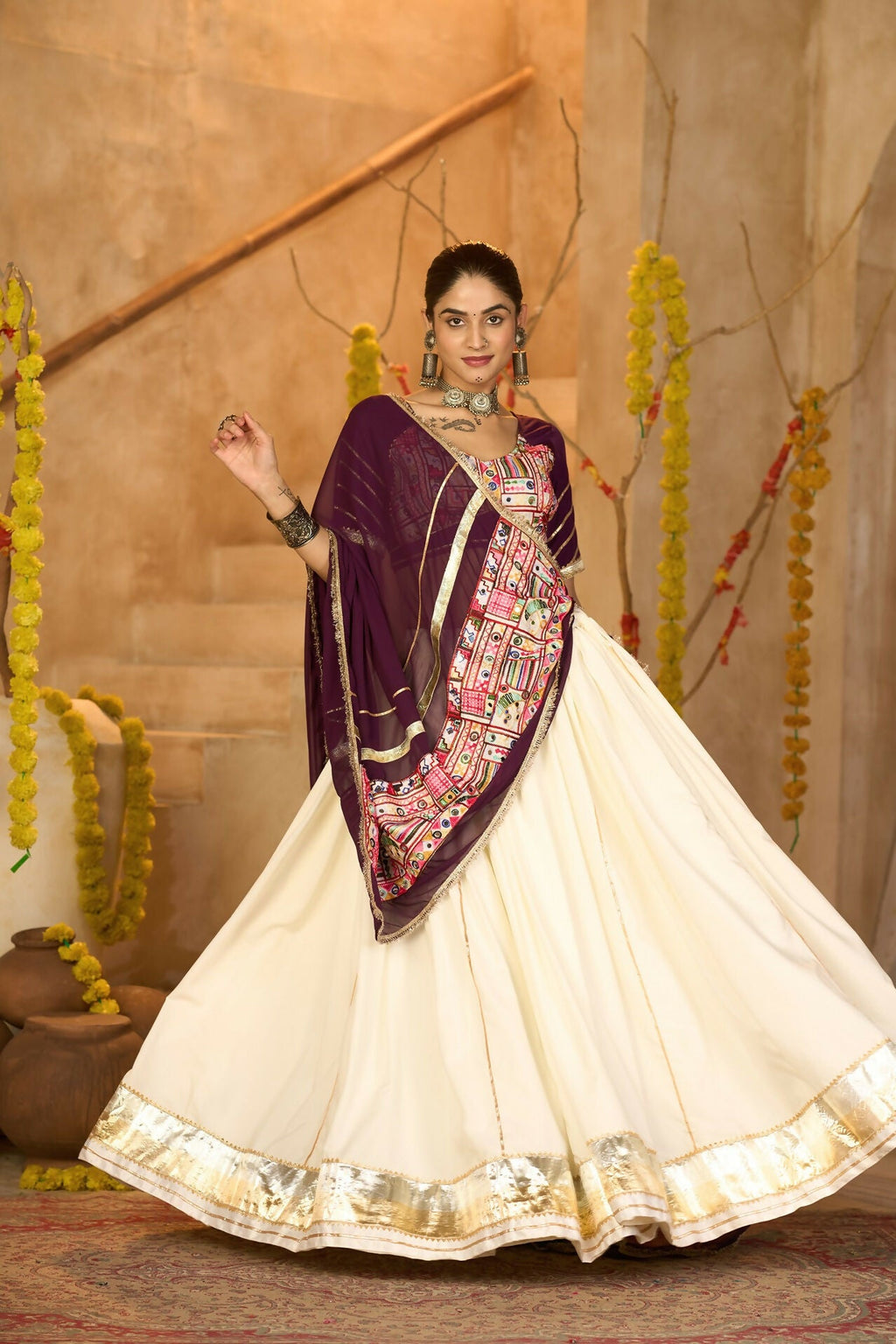 Off White Crepe Designer Lehenga Choli Set for Navratri
