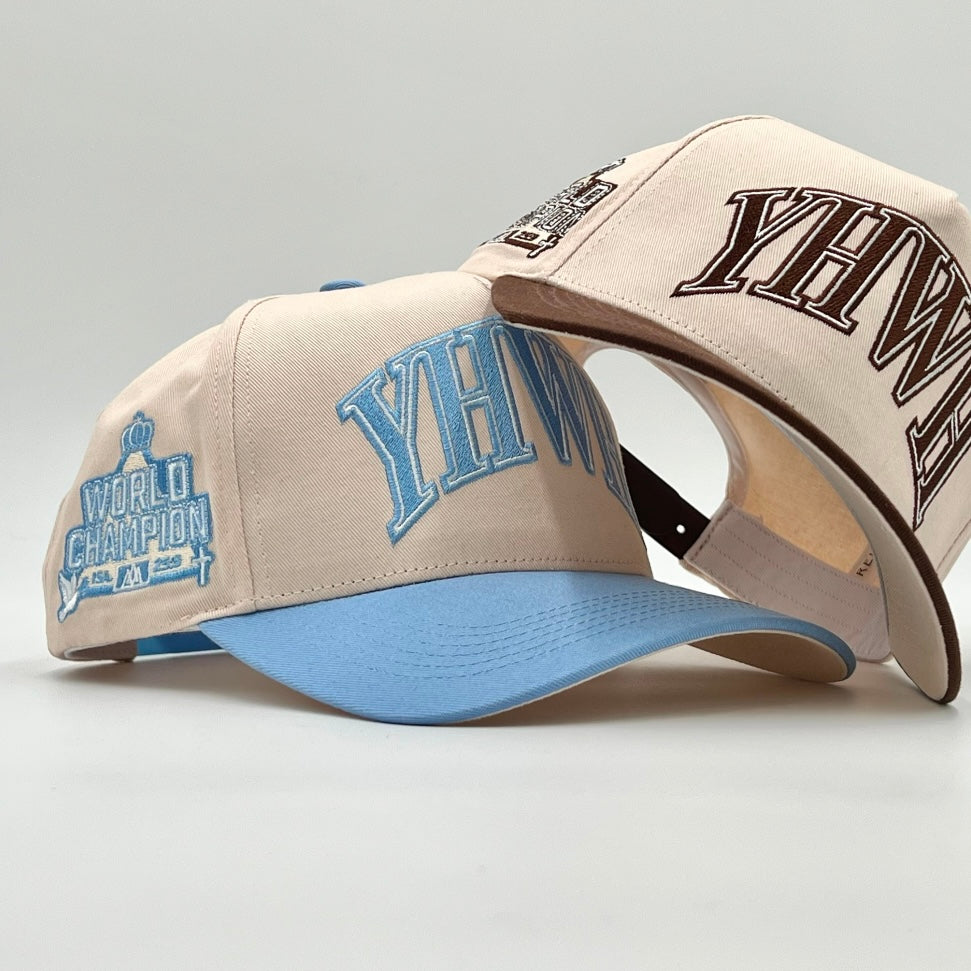 YHWH Structured 5-Panel SnapBack Hat - Cream/Baby Blue