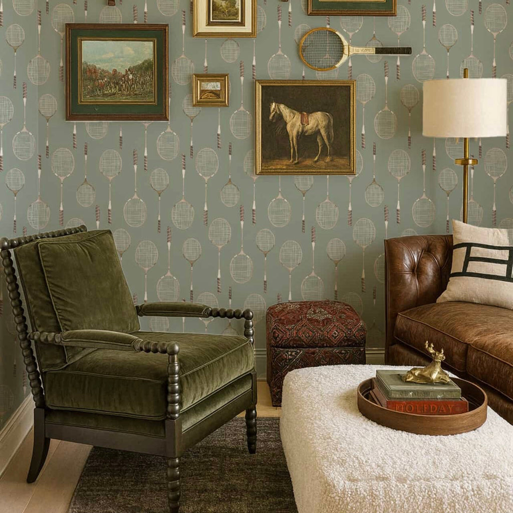 Decker vintage style wallpaper featuring sage-green, white, and brown patterns.