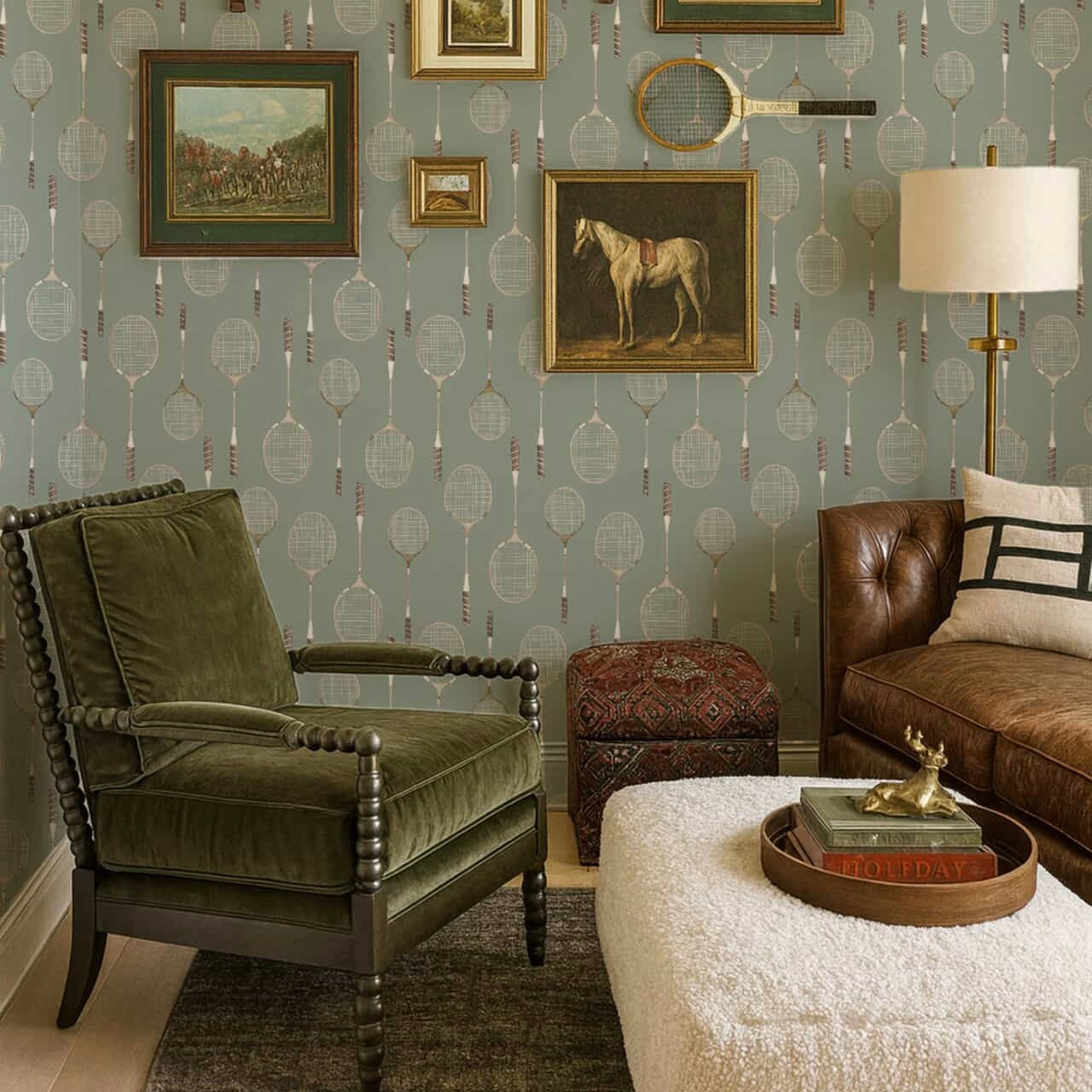 Decker vintage style wallpaper featuring sage-green, white, and brown patterns.