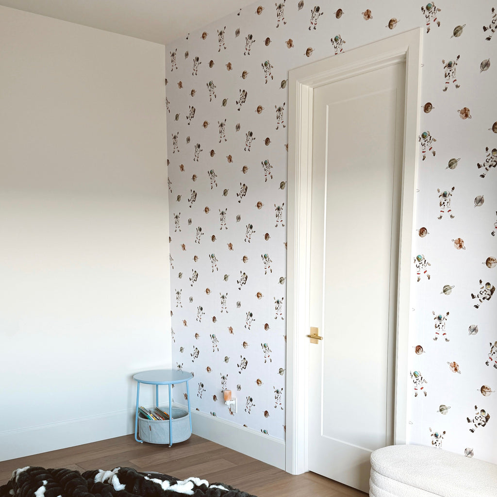 Herbert patterned removable peel and stick wallpaper applied to a living room wall