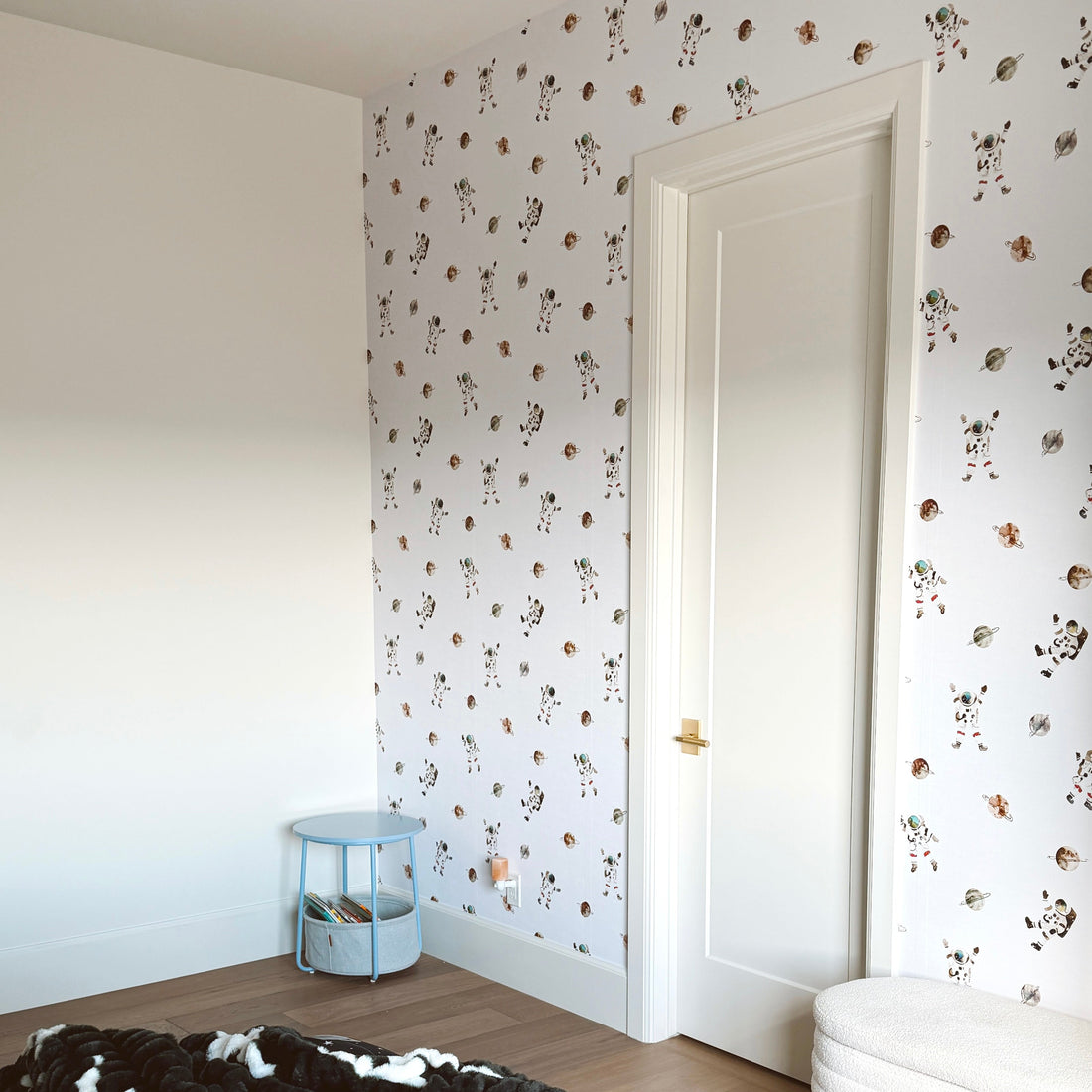 Herbert patterned removable peel and stick wallpaper applied to a living room wall