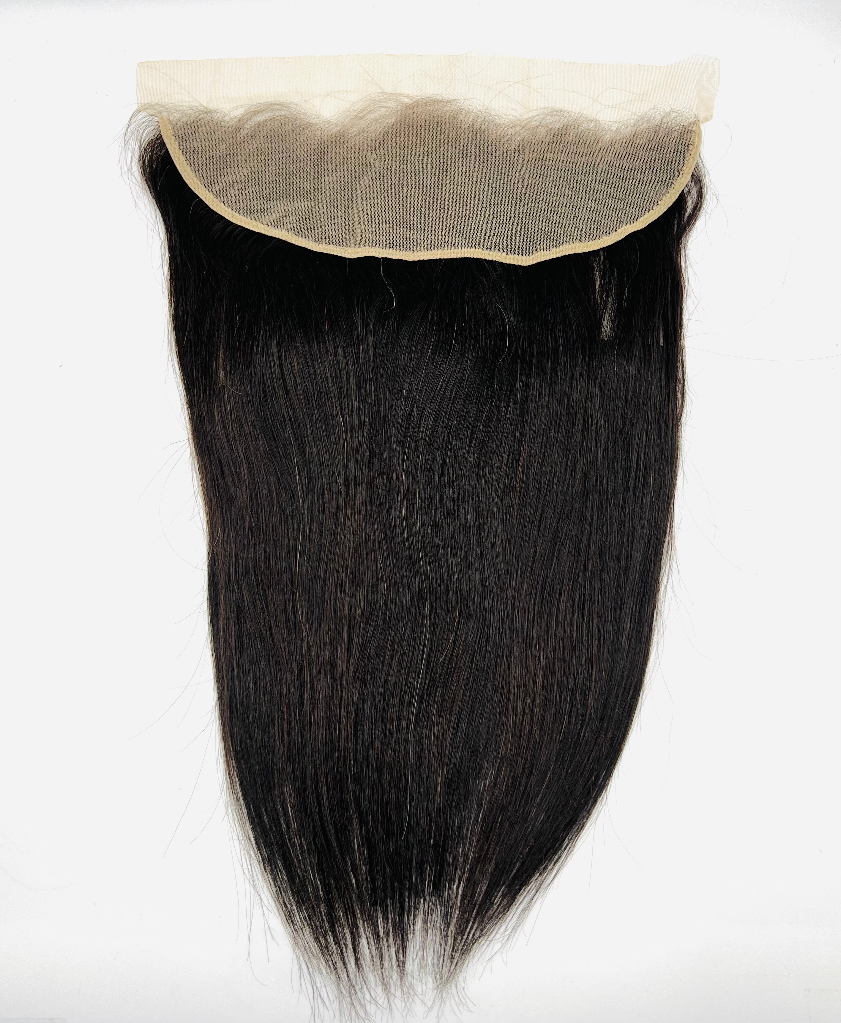 Straight 13x4 lace frontal human hair piece in solid black, styled for a minimalist look.