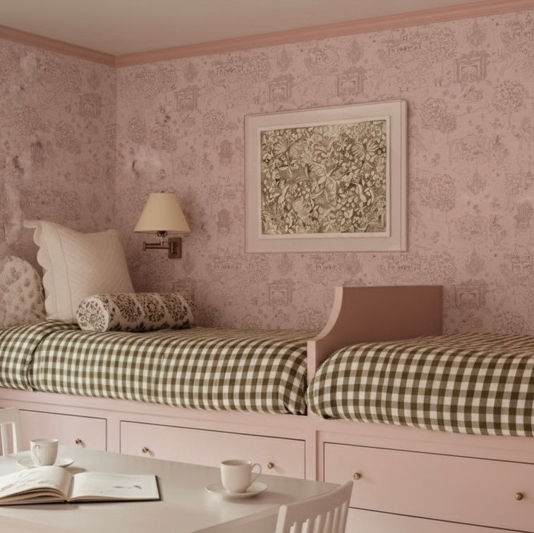 Whimsical Ginny wallpaper in a palette of pink, blue, and green