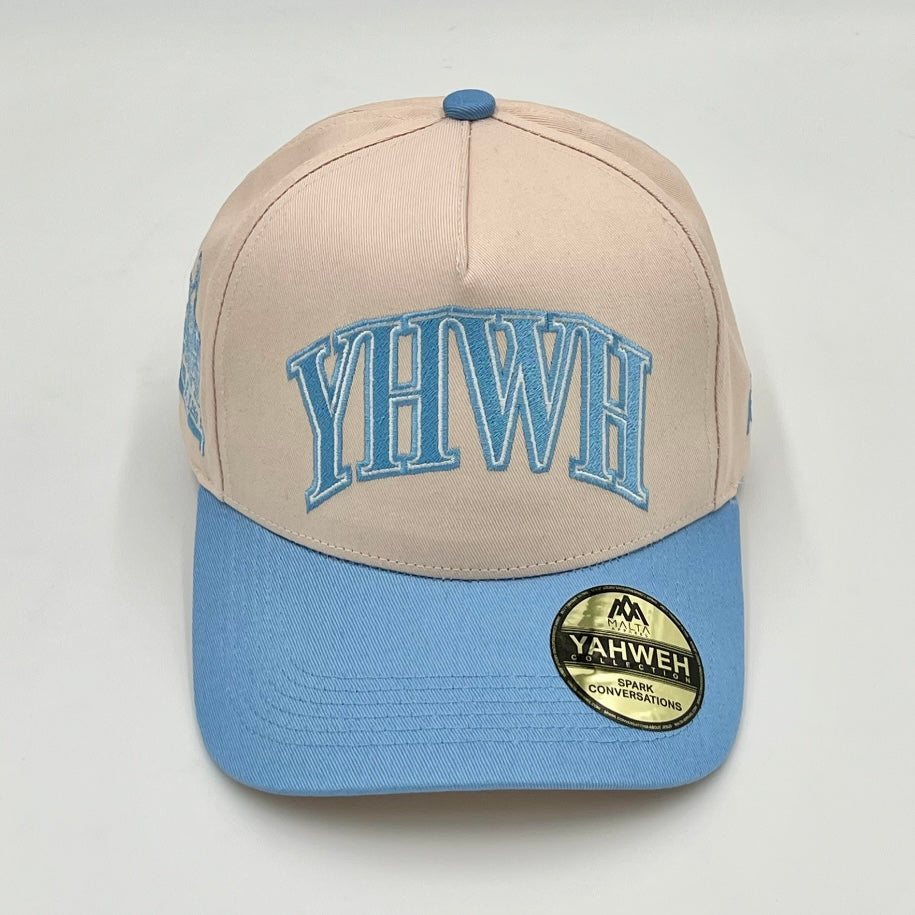 YHWH Structured 5-Panel SnapBack Hat - Cream/Baby Blue