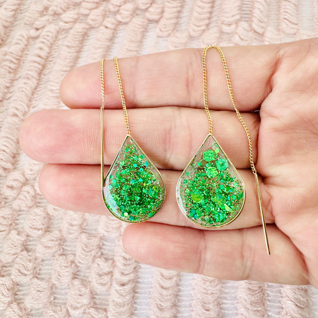 Ngọc Lục Green Glitter Silver Threader Earrings