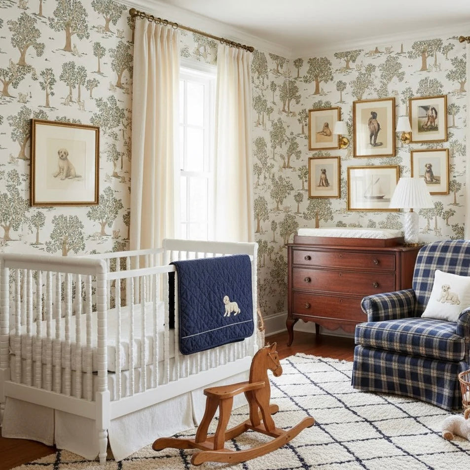 Camden wallpaper design by Beeky Illustration on a modern living room wall