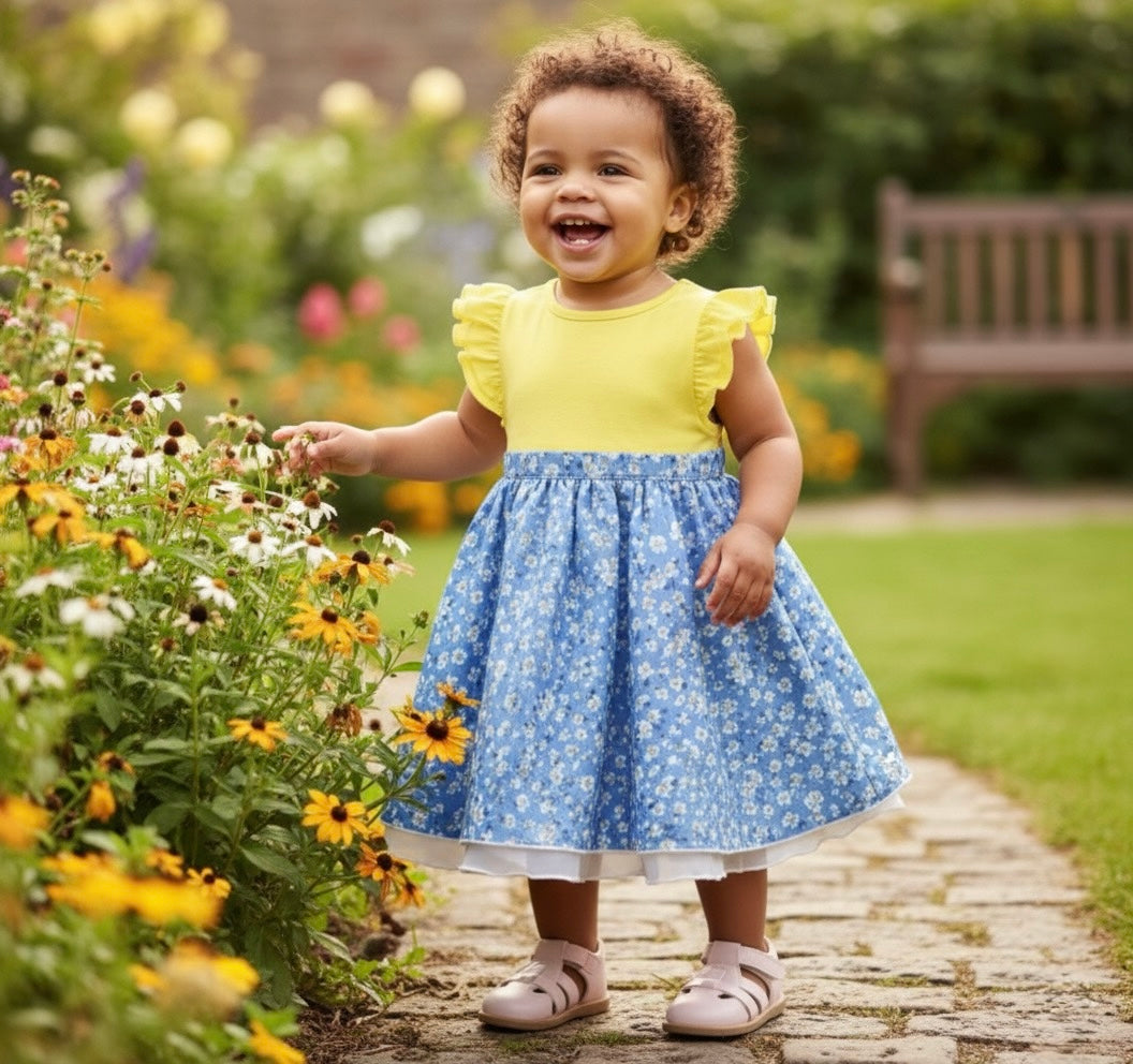 Yellow and Blue Floral Toddler Dress with Ruffle Sleeves - Image 5