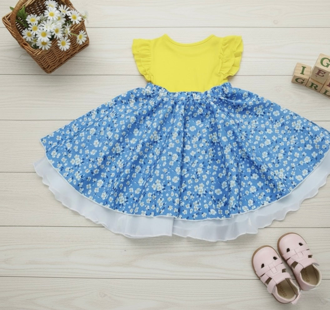 Yellow and Blue Floral Toddler Dress with Ruffle Sleeves - Image 2