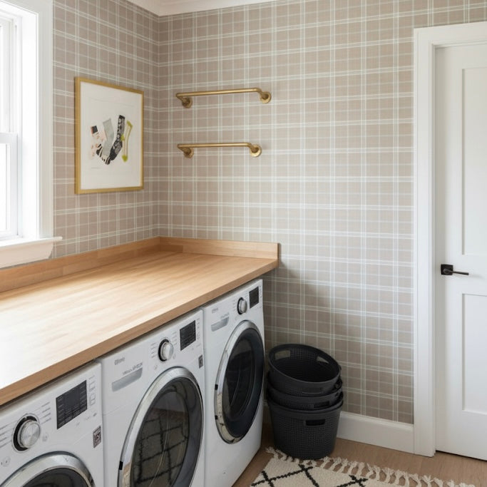 Alcott Plaid Wallpaper in Olive Green and Cream Farmhouse