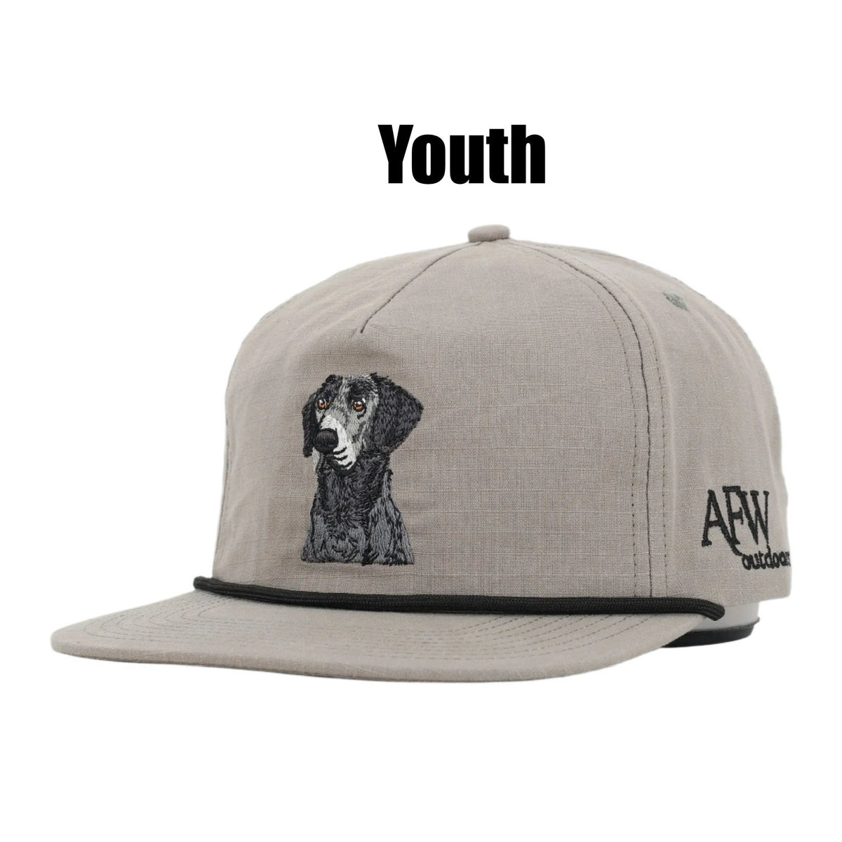 Youth black ripstop 5-panel hat with black lab embroidery and braided rope detail