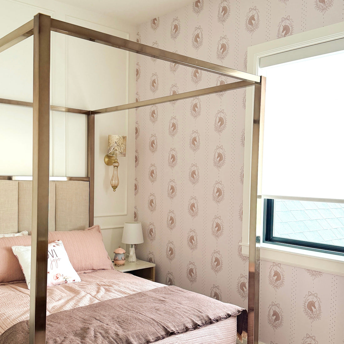 Bluette whimsical wallpaper featuring soft blush-pink and taupe color scheme