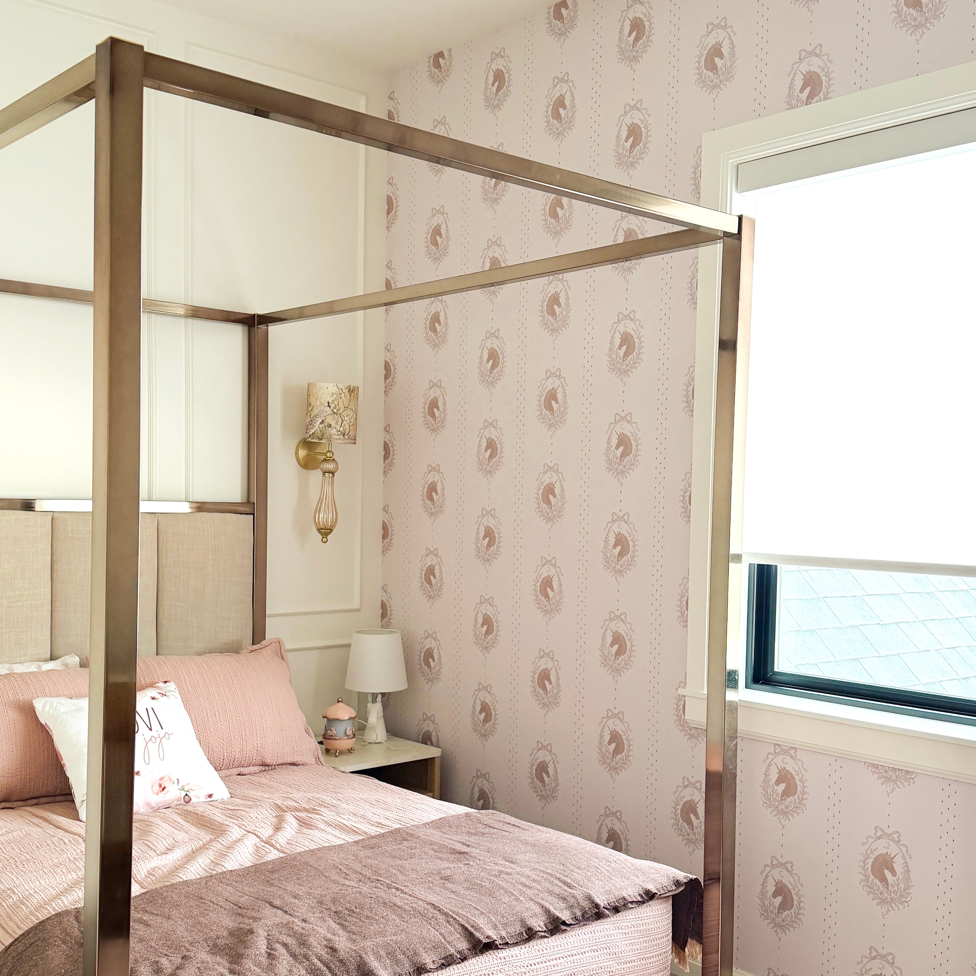 Bluette whimsical wallpaper featuring soft blush-pink and taupe color scheme