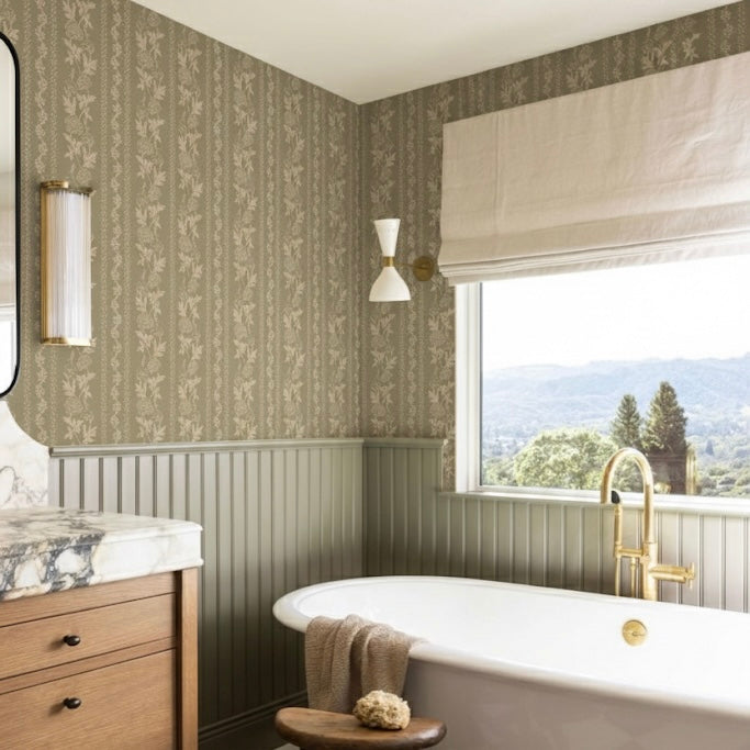 Marisol floral wallpaper featuring green, gold, cream, and rose tones in a romantic vintage style.