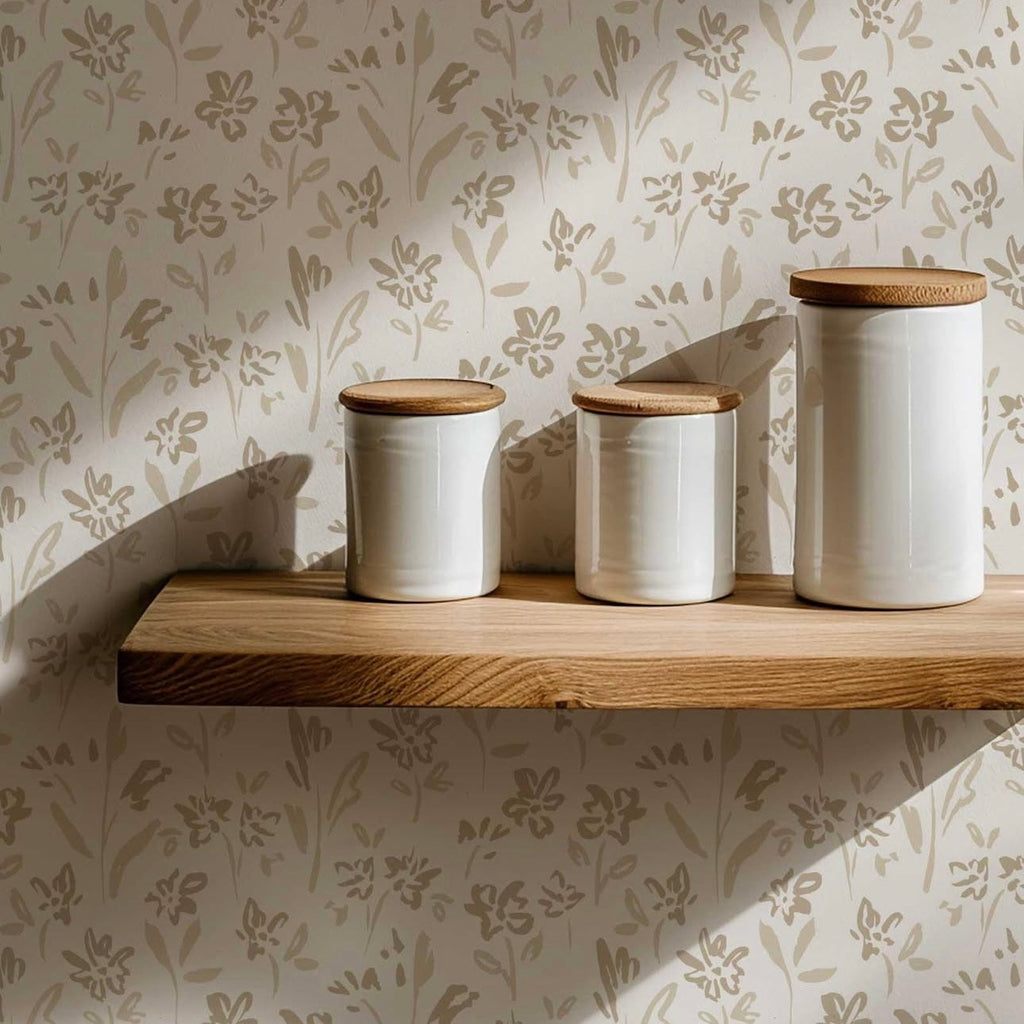 Romie Floral Wallpaper in Blue, White & Beige - Cottagecore Style