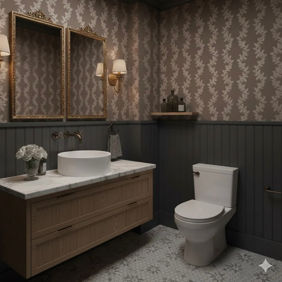 Linden wallpaper in neutral grey and taupe tones with a transitional pattern.