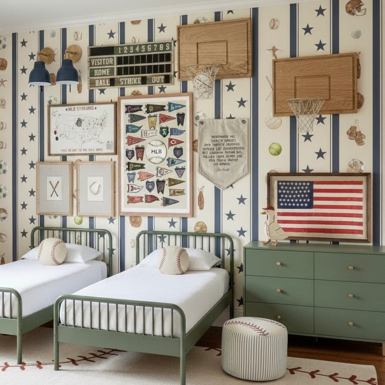 Lawson striped wallpaper in cream, blue, and brown shades for a vintage-inspired nursery.