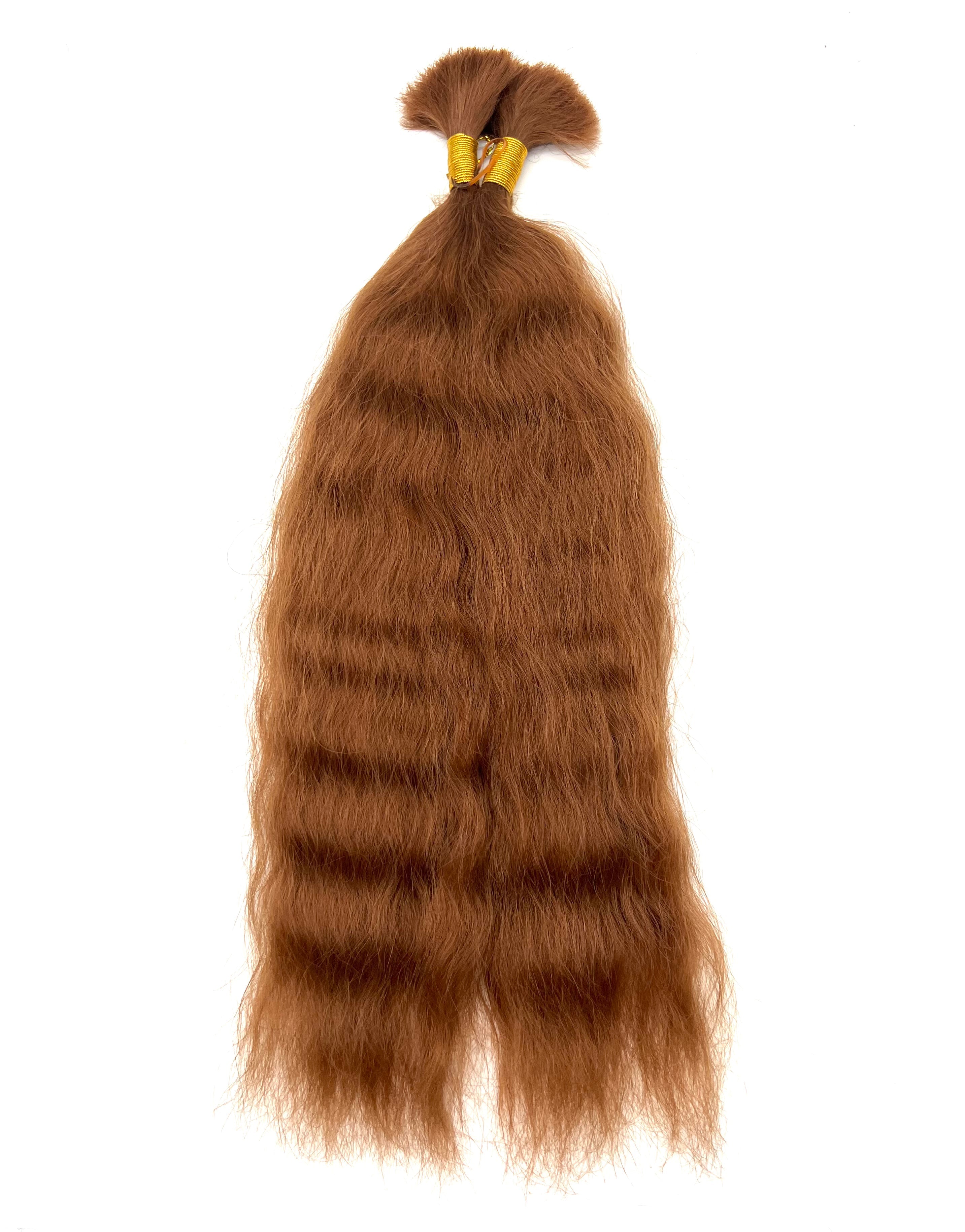 Auburn colored human hair blend extensions for styling