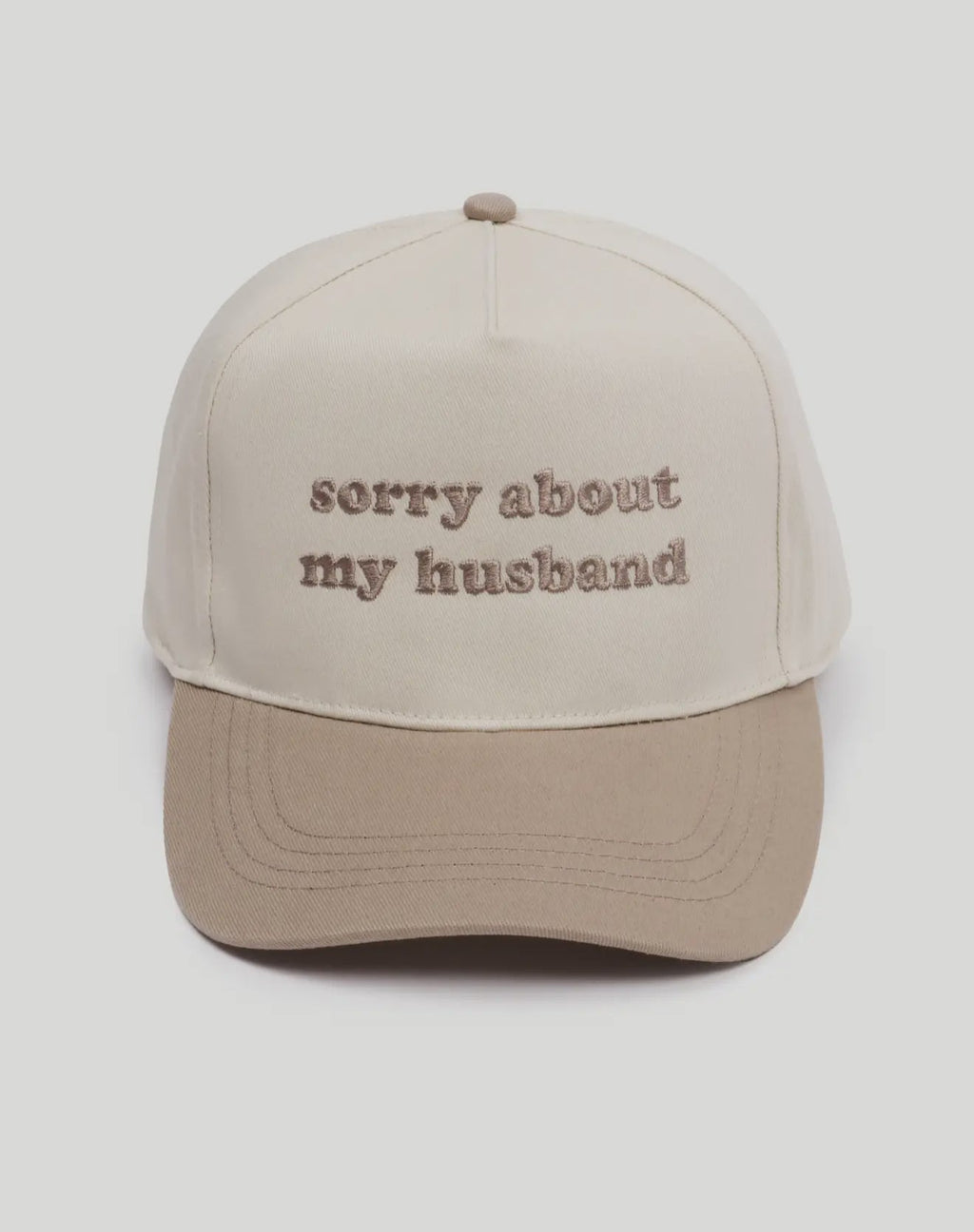 Beige and brown two-tone canvas trucker hat with 'Sorry About My Husband' embroidery