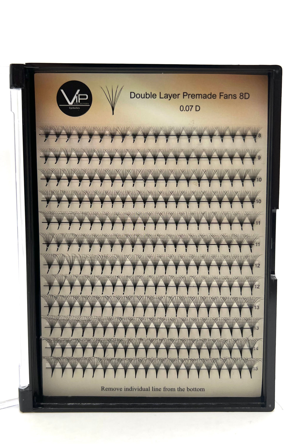 Tray of VIP Collection 5D and 8D premade lash fans in 0.07 C-curl with organized length rows from 8mm to 15mm.