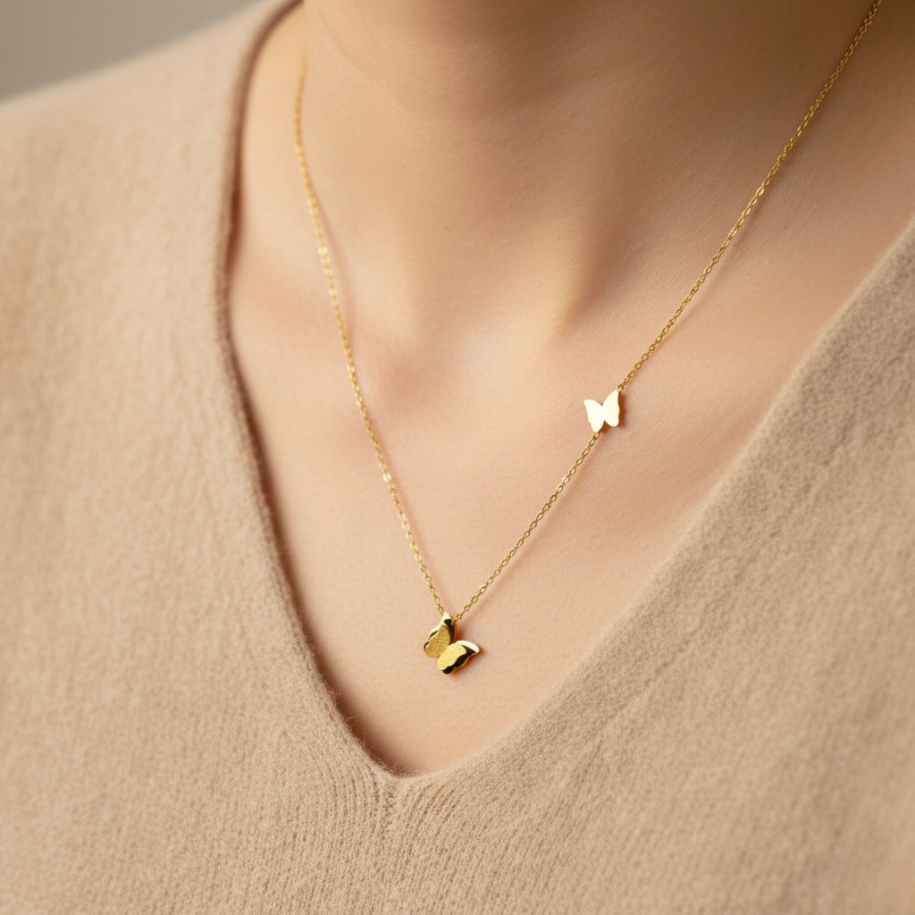 Gold Plated Butterfly Pendant Necklace – Stainless Steel Layered Jewelry
