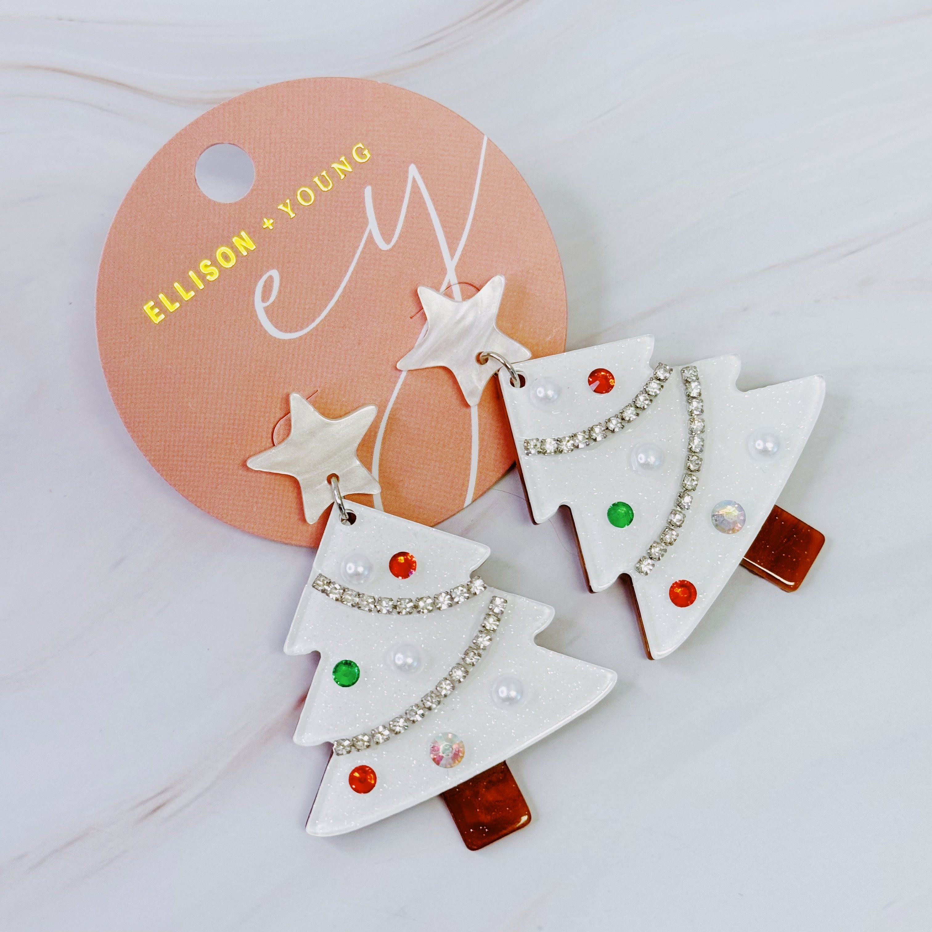Winter Wonderland Christmas Tree Dangle Earrings White Acrylic - Image 3