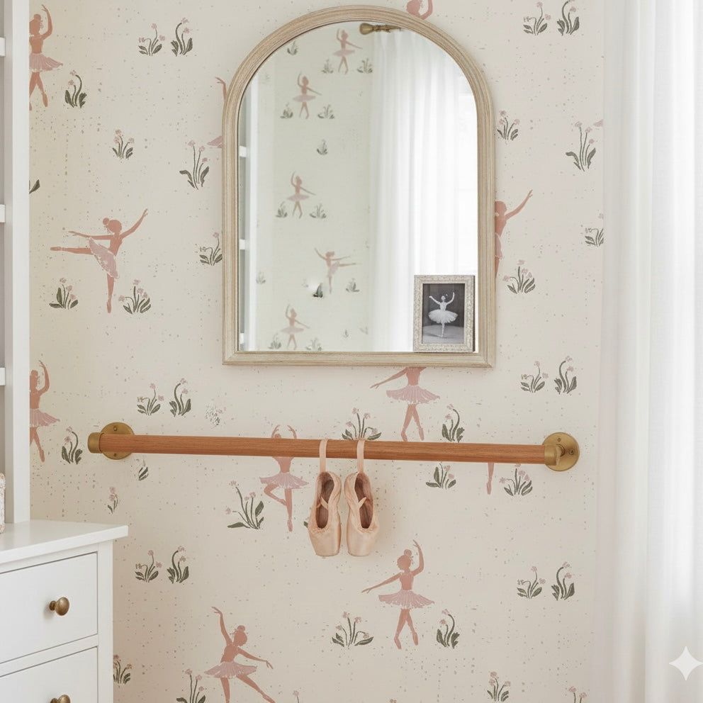 Allegra whimsical wallpaper in cream, dusty-rose, and sage-green for a nursery.
