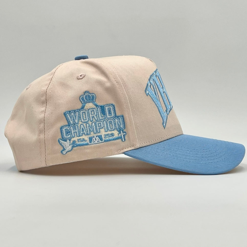 YHWH Structured 5-Panel SnapBack Hat - Cream/Baby Blue