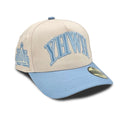 Structured 5-panel snapback cap in Cream and Baby Blue with YHWH embroidery and World Champion side patch