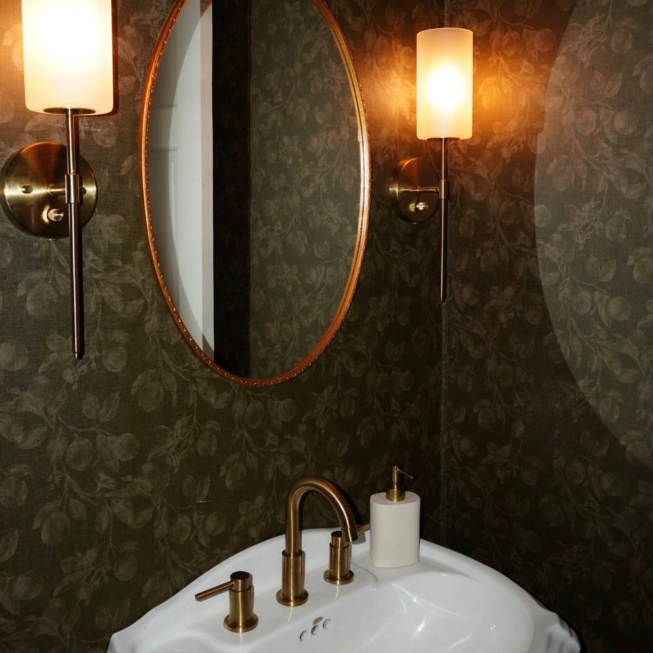 Monica's Orchard botanical wallpaper in dark brown and espresso tones.