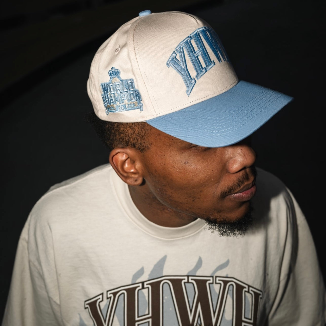 YHWH Structured 5-Panel SnapBack Hat - Cream/Baby Blue
