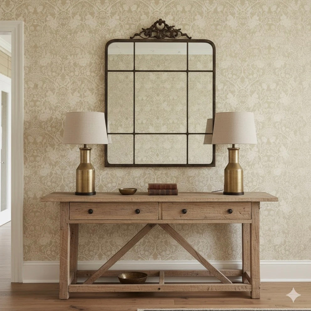 Winslow floral wallpaper featuring a traditional romantic design in pale-pink, sage-green, and beige.
