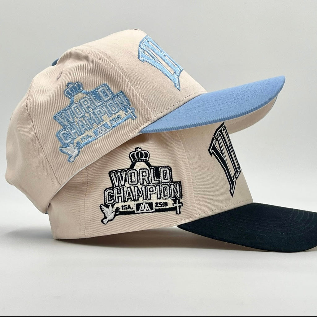 YHWH Structured 5-Panel SnapBack Hat - Cream/Baby Blue
