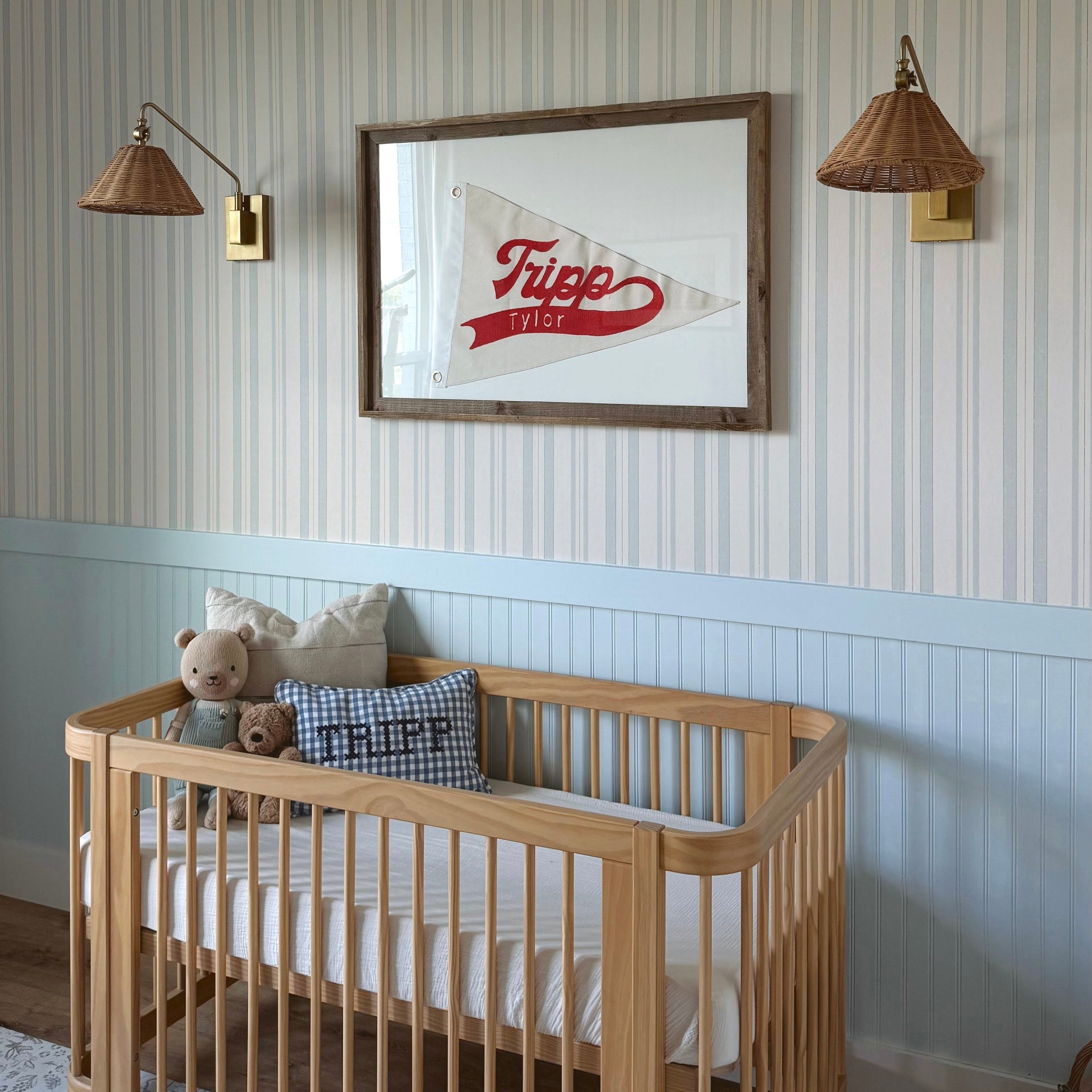 Joey striped wallpaper in soft light blue and cream tones