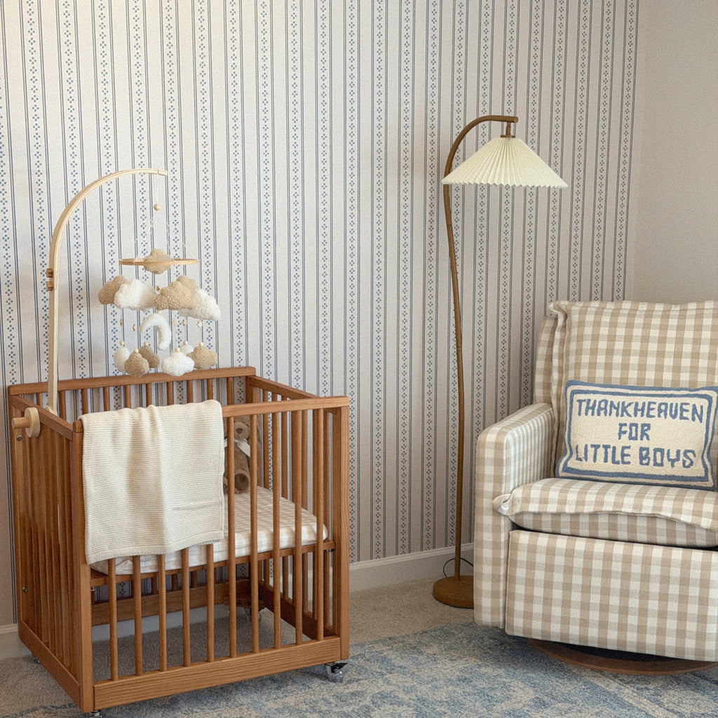 Bridger striped wallpaper in shades of beige, blue, and white.
