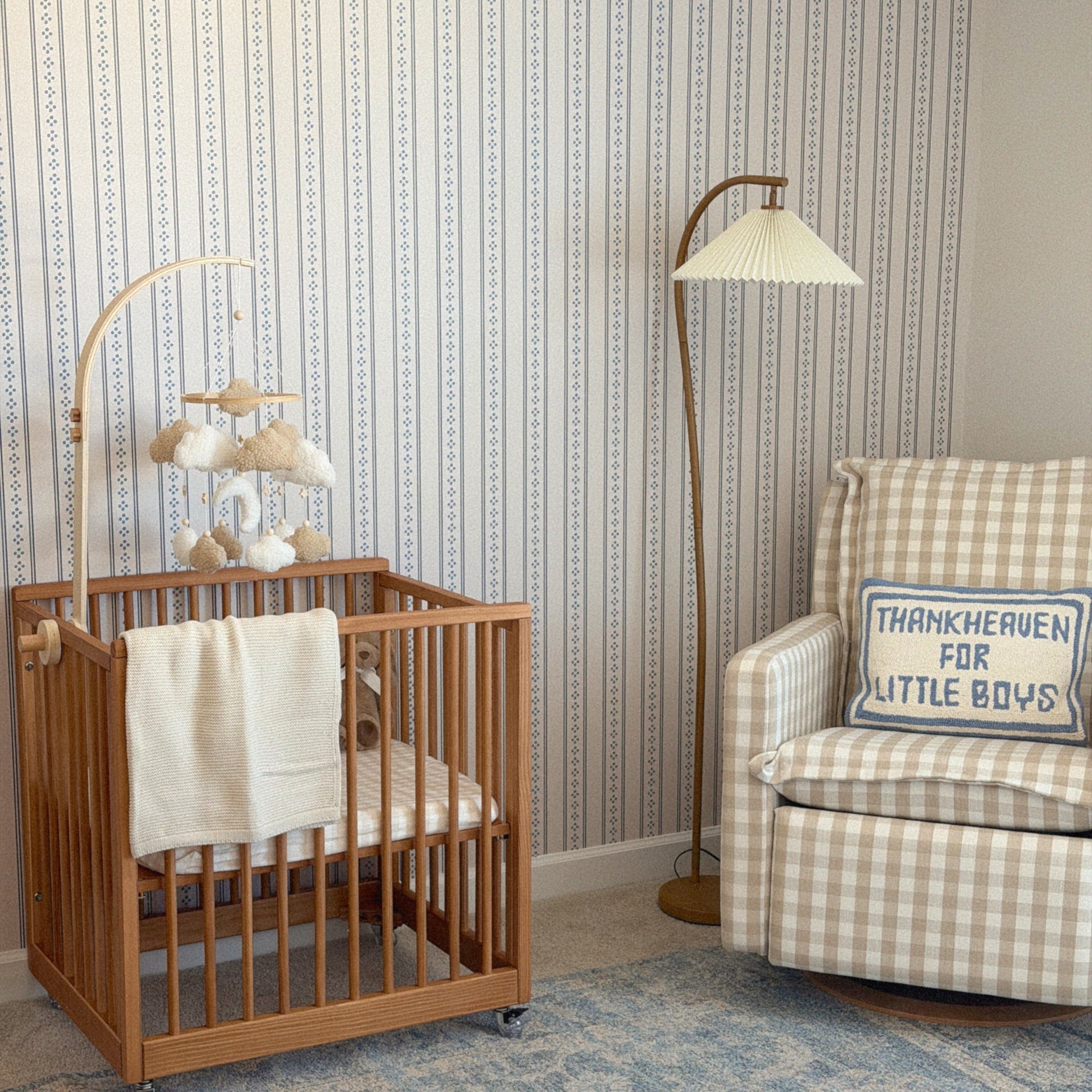 Bridger striped wallpaper in shades of beige, blue, and white.