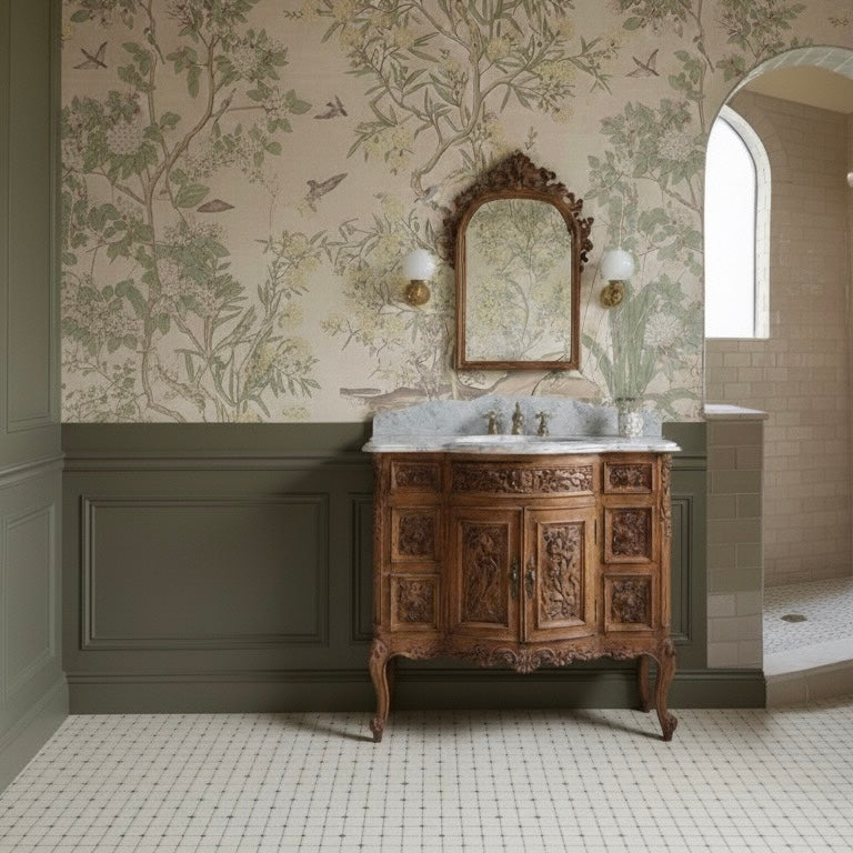Close-up of Neely wallpaper featuring a traditional chinoiserie floral pattern in blue, yellow, green, and pink tones.