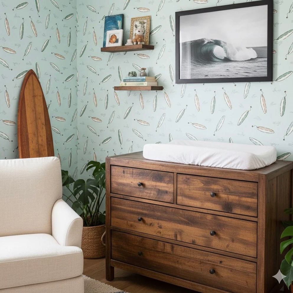 Coastal nautical wallpaper in mint green, tan, and cream