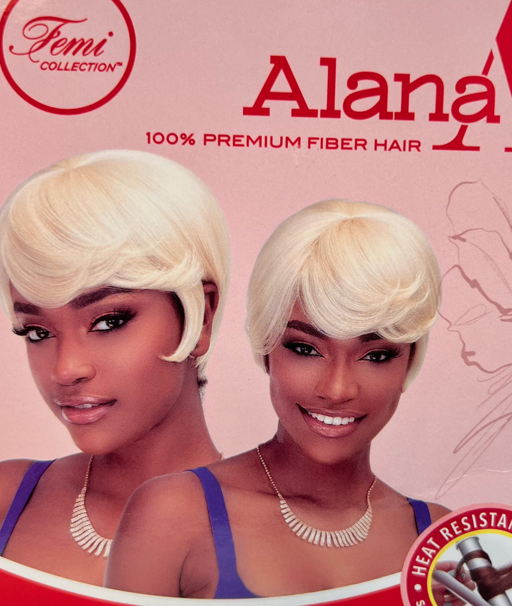 Femi Collection Alana Hatti synthetic wig in a vibrant platinum-blonde color