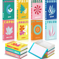Set of four multi-colored abstract decorative faux books for modern living room shelf styling.