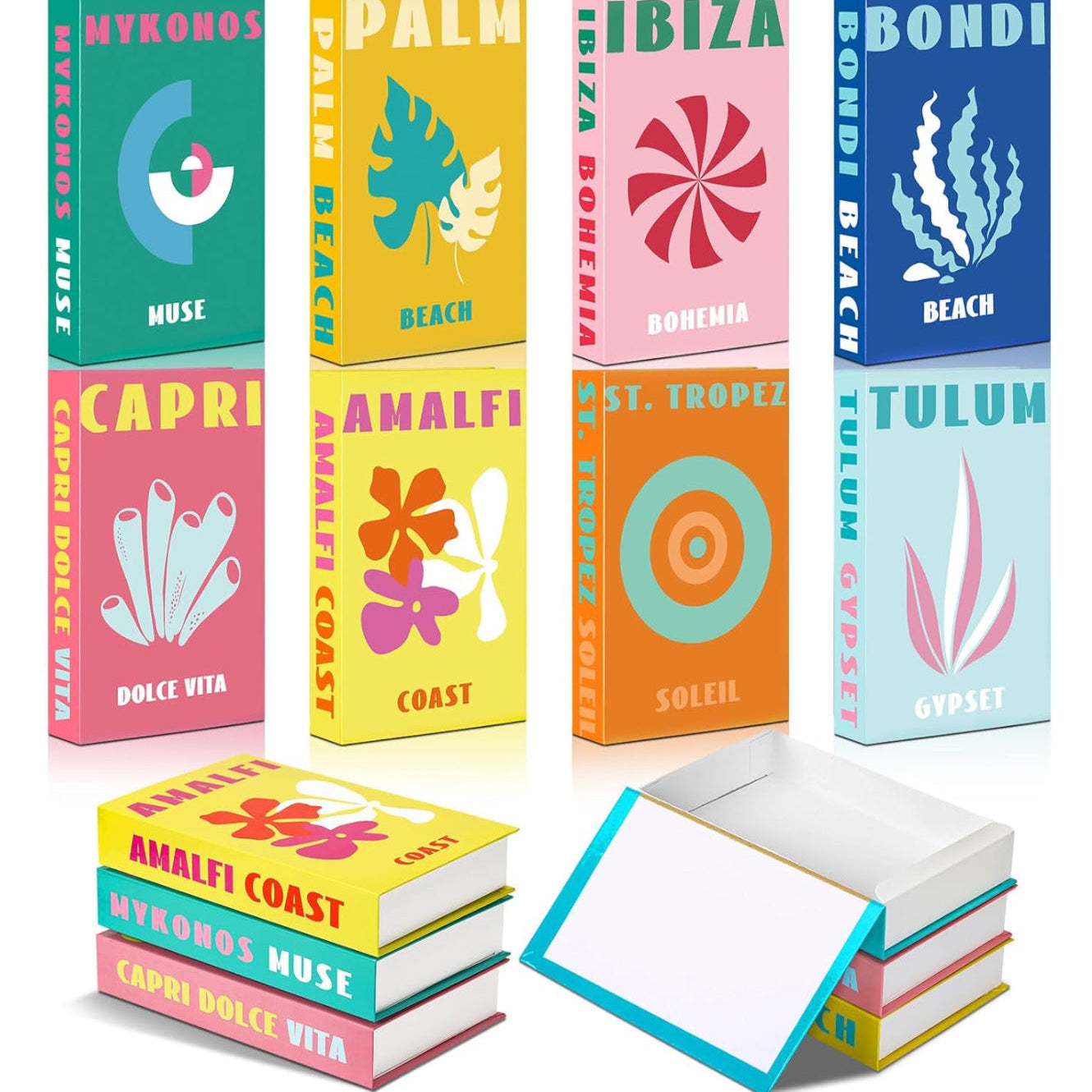 Set of four multi-colored abstract decorative faux books for modern living room shelf styling.