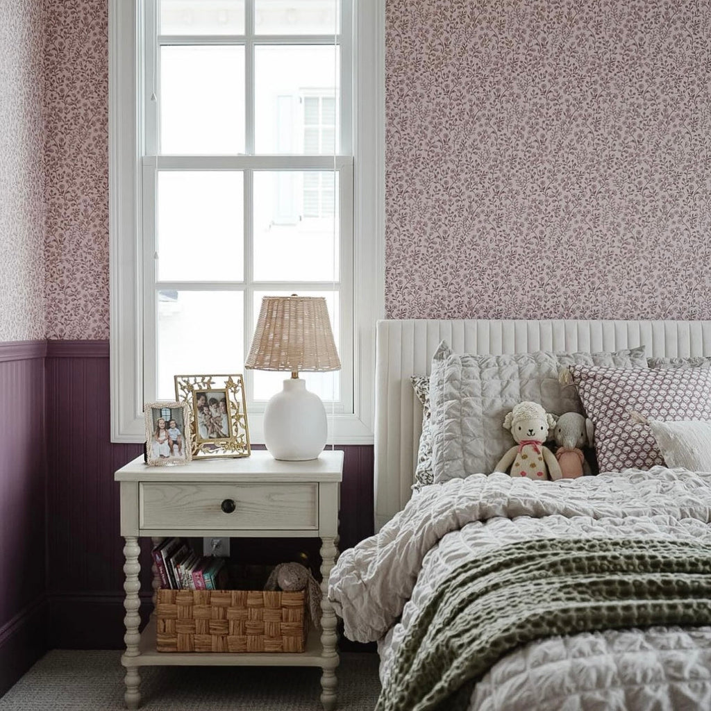 Penelope floral wallpaper in pink, white, and cream for cottagecore decor.