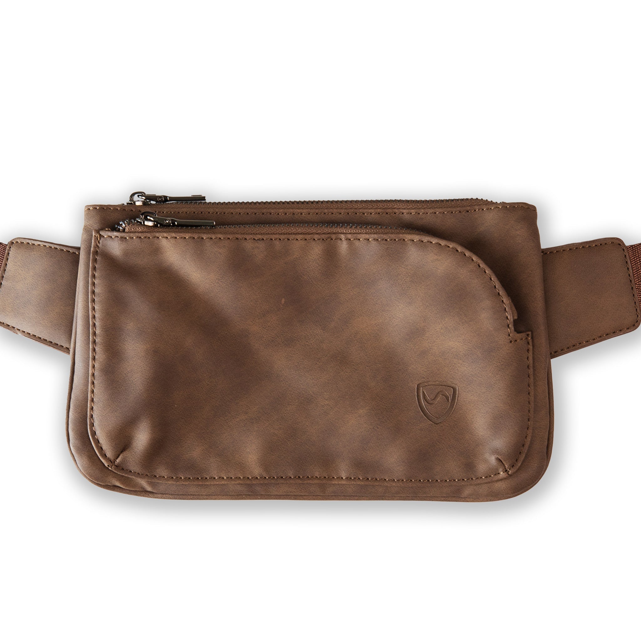 Brown vegan leather cross body fanny pack from Shield Your Body featuring a slim design and metallic zippers.