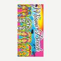 Colorful beach towel featuring a flip-flop pattern with Miami Beach text and tropical palm tree background